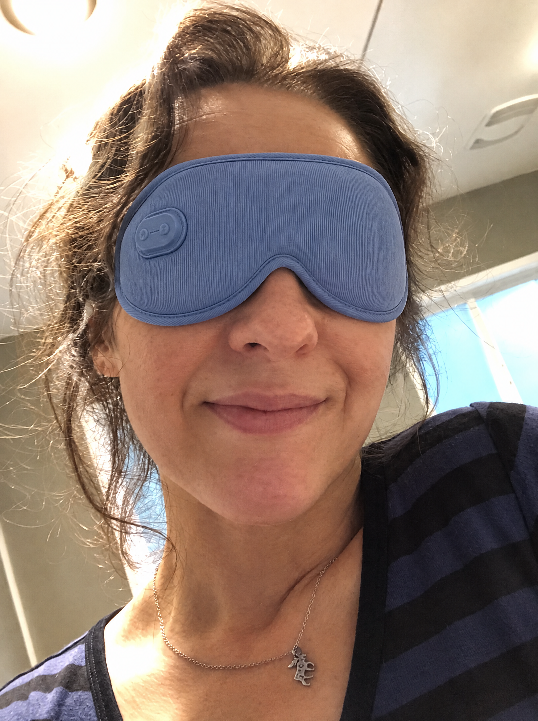 Maura wearing Ocuelle heated eye mask